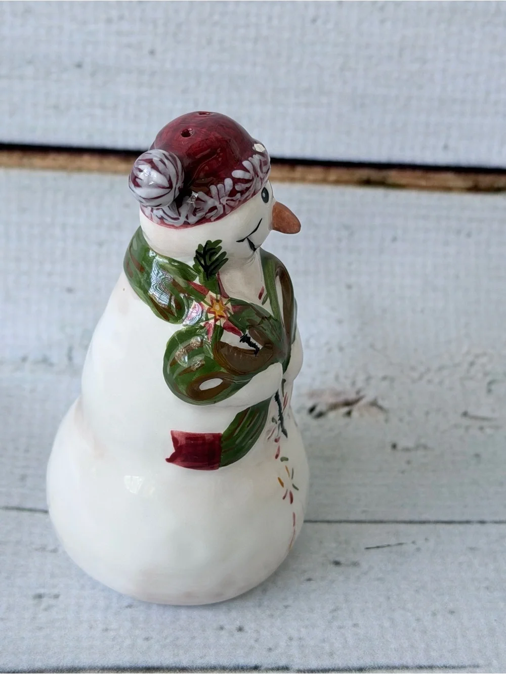 Vintage Ceramic Snowman Christmas Salt & Pepper Shakers Set with Base Tray